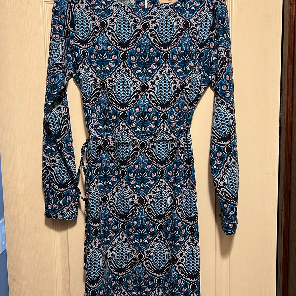 LOFT Blue and White Bishop Sleeve Sheath Dress
